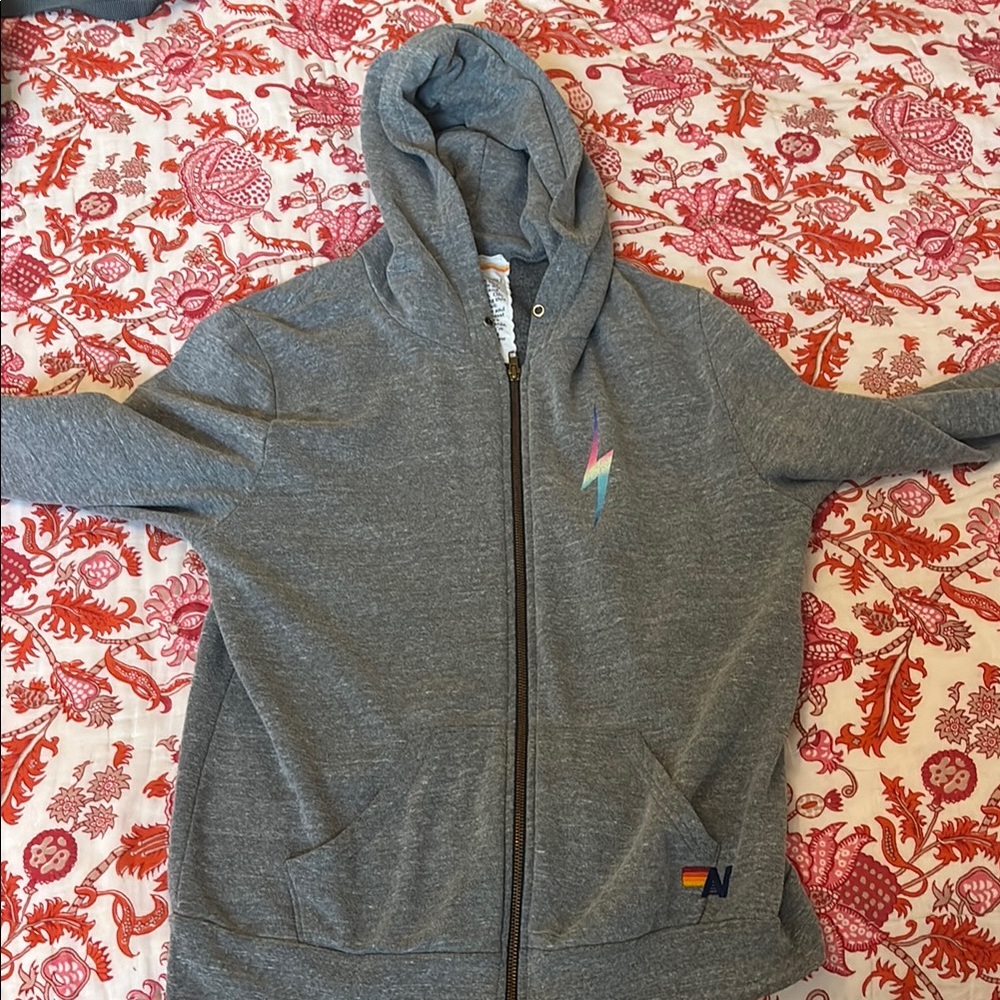 Aviator Nation Gray Hoodie with Rainbow Lightning Bolt